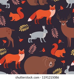 Seamless pattern of forest animals and plants: fox, deer, bear, hare, squirrel, autumn leaves, rowan berries isolated on dark background. Colorful vector background. Illustration of wild animals