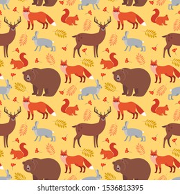 Seamless pattern of forest animals and plants: fox, deer, bear, hare, squirrel, autumn leaves, rowan berries isolated on yellow background. Colorful vector background. Illustration of wild animals
