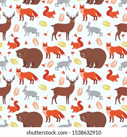 Seamless pattern of forest animals and plants: fox, deer, bear, hare, squirrel, autumn leaves, rowan berries isolated on white background. Colorful vector background. Illustration of wild animals