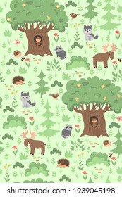 Seamless pattern with forest animals and plants. Vector graphics.