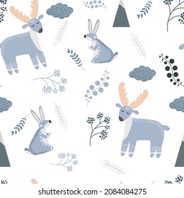 seamless pattern with forest animals and plants vector illustration. Hand drawn wild hare and deer