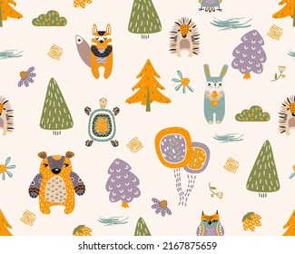 Seamless pattern forest animals and plants. Pattern for kids in scandinavian style. Vector illustration.