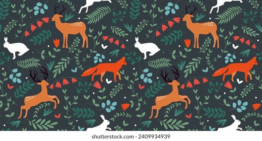 Seamless pattern with forest animals, plants, leaves, flowers. Natural print with foxes, deer, hares. Vector graphics.