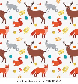 Seamless pattern of forest animals and plants: fox, deer, hare, squirrel and autumn leaves isolated on white background. Colorful vector background. Illustration of wild animals