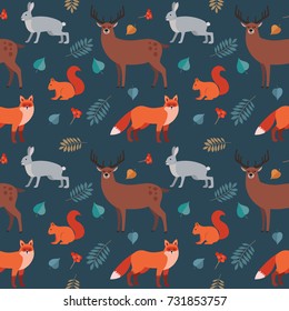 Seamless pattern of forest animals and plants: fox, deer, hare, squirrel and autumn leaves isolated on dark blue background. Colorful vector background. Illustration of wild animals