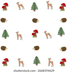 Seamless pattern with forest animals Reindeer with plants in the forest