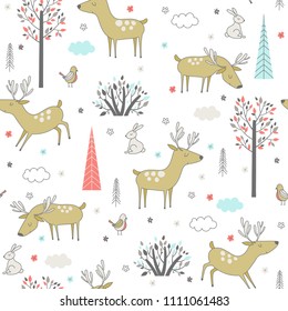 Seamless pattern with forest animals in Scandinavian style. Vector illustration.