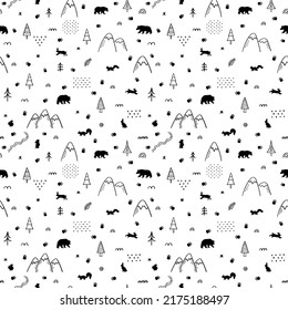 Patrón sin foco con animales del bosque. Estilo escandinavo. Antecedentes dibujados a mano. Vida en Woodland. Ilustración del vector