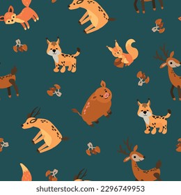 Seamless pattern with forest animals. Squirrel, wild boar, lynx, deer, roe deer. Design for fabric, textile, wallpaper, packaging.