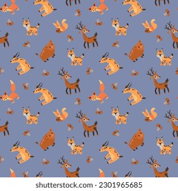 Seamless pattern with forest animals. Squirrel, wild boar, lynx, deer, roe deer. Design for fabric, textile, wallpaper, packaging.