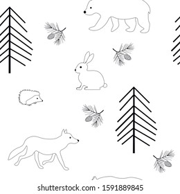 Seamless pattern Forest animals vector tree cone hedgehog wolf  bear graphic