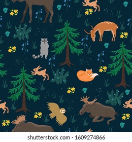 Seamless pattern with forest animals. Vector graphics.
