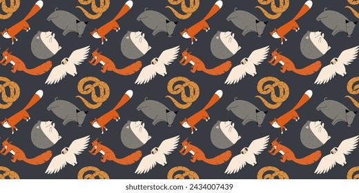Seamless pattern with forest animals. Wildlife background. Autumn image. Vector illustration. 