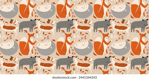 Seamless pattern with forest animals. Wildlife background. Vector illustration. 