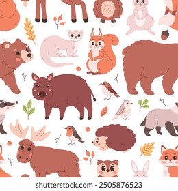 Seamless pattern with forest animals. Woodland birds, animals and plants. Woods inhabitants. Print for banners, wallpapers, textiles, wrapping paper. Vector illustration in flat style