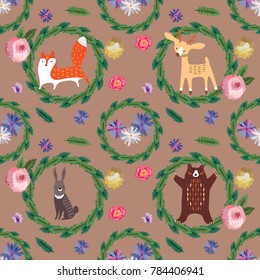 Seamless pattern. Forest animals in wreaths of leaves among flowers. Fox, deer, hare and bear are a stylized image.