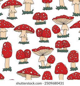 Seamless pattern forest autumn doodle amanita mushrooms on white background. Vector botanical cartoon hand drawn illustration print that can be used for wallpapers or clothes