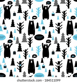 Seamless pattern with forest and bears. Vector background with bears and trees, birds, christmas trees.