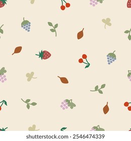 Patrón sin fisuras de bosque, bayas, cerezas, fresas silvestres, hojas. Casa de campo natural para la impresión de primavera o verano, tela, envoltura, textil, Fondo de pantalla, tarjeta, regalos de papel, caja del teléfono, papelería.