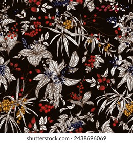 Seamless pattern of forest berries. Cornus sanguinea, sea buckthorn, rose hips, ligustrum, hawthorn, elderberry, paris quadrifolia, lily of the valley berries, euonymus, belladonna