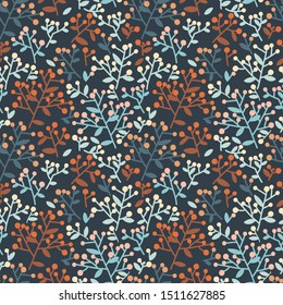 Seamless pattern with forest berries and leaves, retro palette, vector illustration