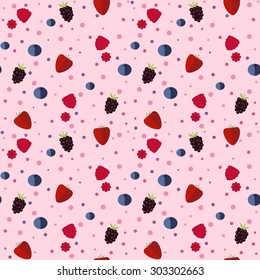 Seamless pattern with forest berries scattered on pink yo?urt background.