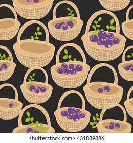 Seamless pattern with forest berries. Vector background. Hand drawn baskets made of wood.
