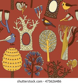 Seamless pattern, forest birds.
