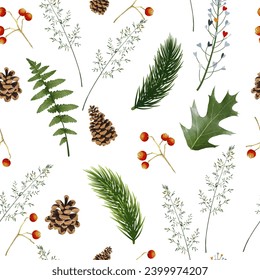 Seamless pattern forest branches grass berries pine cones. Vector illustration.