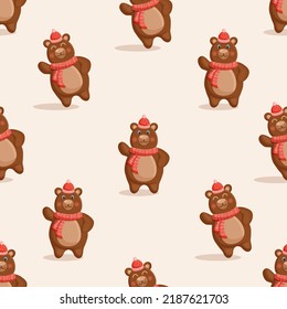 Seamless pattern with a forest brown winter bear in a hat and scarf. Vector Christmas illustration for fabric, texture, wallpaper, poster, card. Editable elements. Cartoon design.