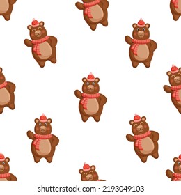 Seamless pattern with a forest brown winter bear in a hat and scarf. Vector Christmas illustration for fabric, texture, wallpaper, poster, card. Editable elements. Cartoon design.