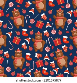 Seamless pattern with forest brown winter bear in hat and scarf with christmas gifts and elements. Vector Christmas illustration for fabric, texture, wallpaper, poster, card.