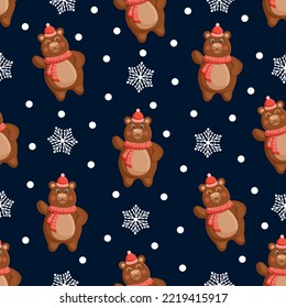 Seamless pattern with forest brown winter bear in hat and scarf with snowflakes and snow. Vector Christmas illustration for fabric, texture, wallpaper, poster, card. Editable elements.