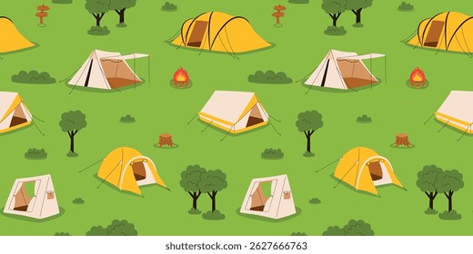 Seamless pattern with forest with camping tents. Flat vector illustration.