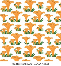 Padrão contínuo de cogumelos chanterelle da floresta na grama, ilustração vetorial, cogumelos em um fundo branco. Desenho botânico desenhado à mão em vetor.