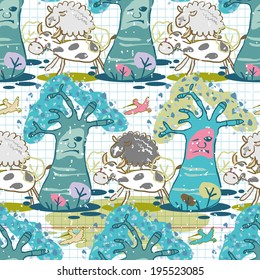 Seamless pattern of forest clearing and animals