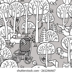 Seamless Pattern Forest Dogs Black & White