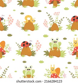 Seamless pattern forest dwellers. Cute snail on mushroom, funny toad, worm and ladybug on stone in grass on white background. Vector illustration with forest characters for kids collection, design