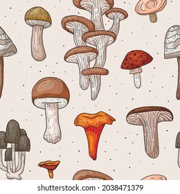 Seamless pattern with forest edible and poisonous mushrooms. Autumn stickers in outline style.