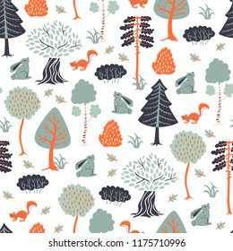 Seamless Pattern with Forest Elements and Animals. Vector Illustration in Doodle Style.
