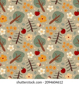 Seamless pattern with forest elements. Design for fabric, textile, wallpaper, packaging.