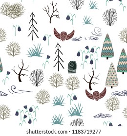 Seamless pattern with forest elements and hand drawn shapes. Childish texture.