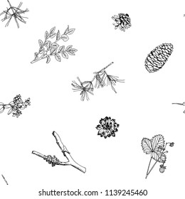 seamless pattern with  forest elements,  hand-drawn vector illustration