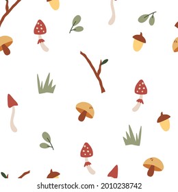 Seamless pattern with forest elements. Mushrooms, fly, agaric, twigs, grass and acorn. Forest background. Perfect for baby design for fabric, print, wrapper, textile. Autumn backdrop. Vector