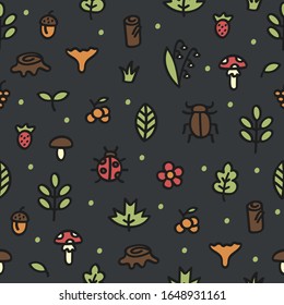 Seamless pattern of forest elements on a dark background.