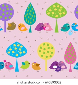 Seamless pattern with a forest enamored birds on the background of trees