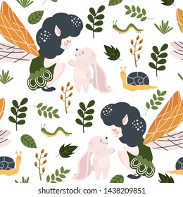 seamless pattern with forest fairy and bunny - vector illustration, eps