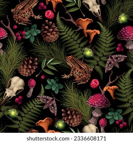 Seamless pattern with forest flora and fauna