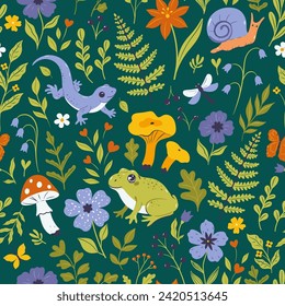 Seamless pattern of forest flora and fauna. Vector graphics.