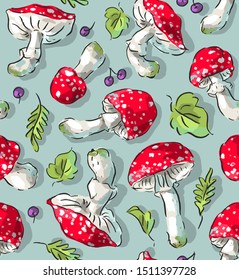 Seamless pattern with forest fly agaric, toadstools, leaves, berries